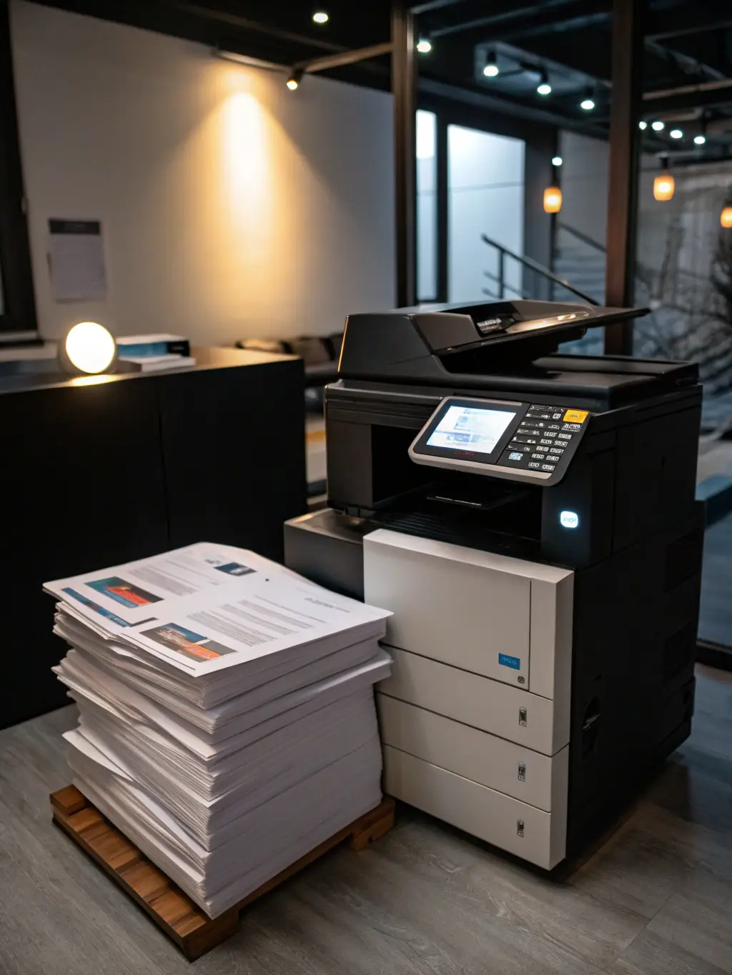 A high-resolution image of a professional-grade laser printer in an office setting, printing a document with sharp text and vibrant graphics.