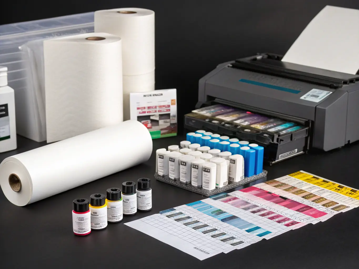 A close-up shot of a variety of ink cartridges and toner bottles, neatly arranged to showcase the range of colors and types available at Modern Style Prints. The background is blurred to focus on the products.