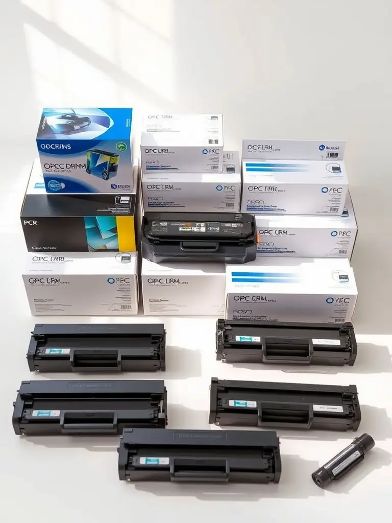 An image of various printer cartridges and toners neatly arranged, emphasizing the wide selection and compatibility with different printer models.