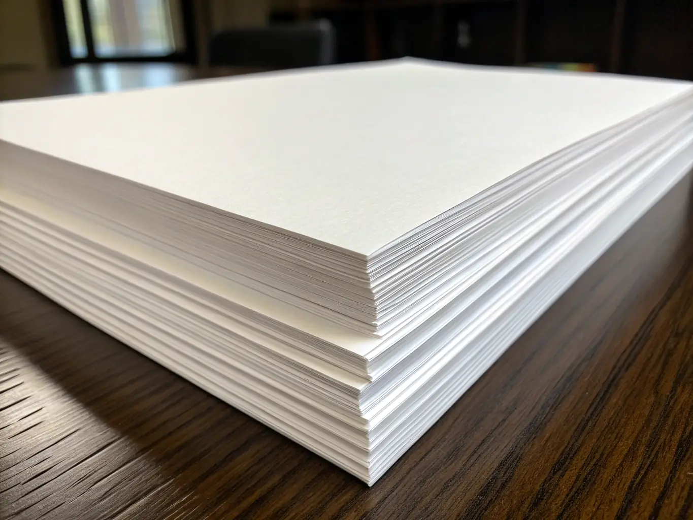 A stack of high-quality printing paper with different textures and finishes, displayed in a well-lit studio setting. The focus is on the paper's smooth surface and bright white color.